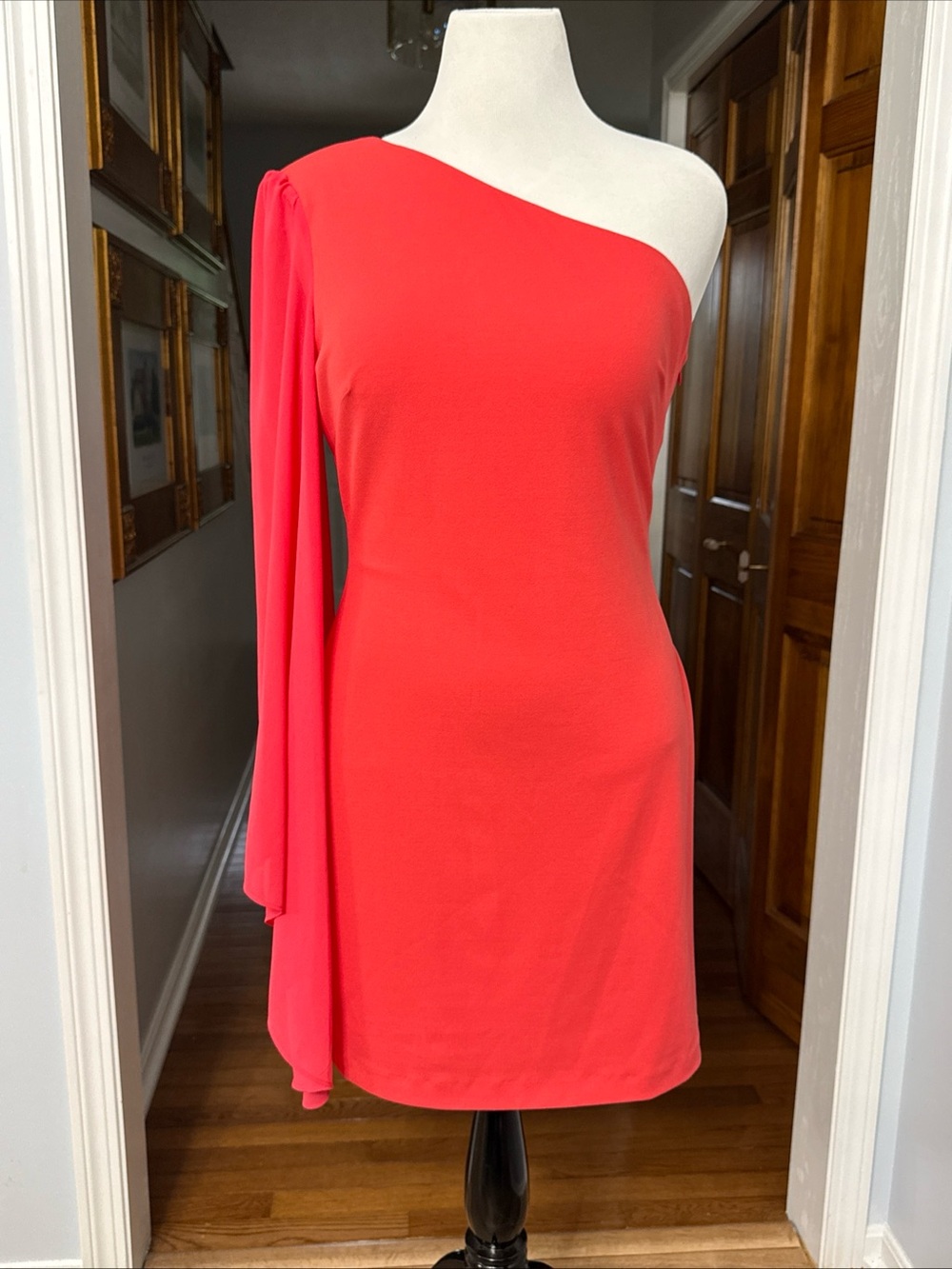Badgley Mischka Belle Maya Coral One Shoulder Dress Size 12 NWT